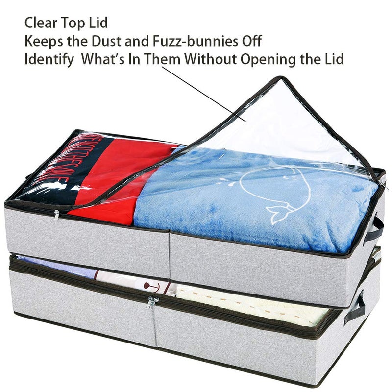 HOONEX Under Bed Storage Containers Zippered Clear Top Lid, Outer Linen Fabric, Reinforced Frame and Sturdy Bottom, 2 Leather Carrying Handles, 2 Pack, Grey - Image 4